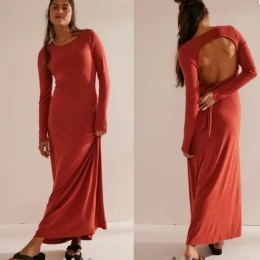 Free People Beach Aubre Dark Red Open-Back Essential Maxi Dress Small NWT